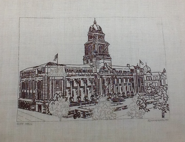 Needlecraft linen picture of the Johannesburg City Hall 1936 Empire